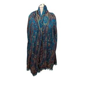 Naturally Knotty Teal Blue Floral 100% Silk 28” X 78” Scarf With Fringe